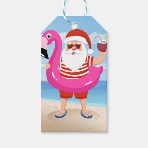 Santa Claus with flamingo inflatable ring Gift Tags