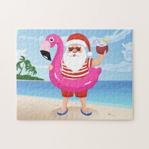 Santa Claus with flamingo inflatable ring Jigsaw Puzzle