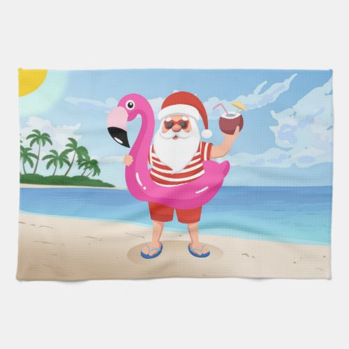 Santa Claus with flamingo inflatable ring Kitchen Towel
