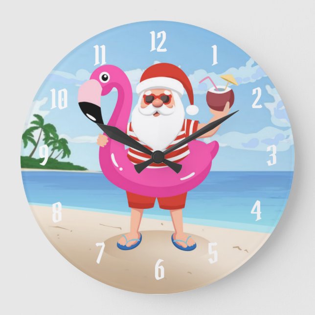 Santa Claus with flamingo inflatable ring Large Clock (Front)