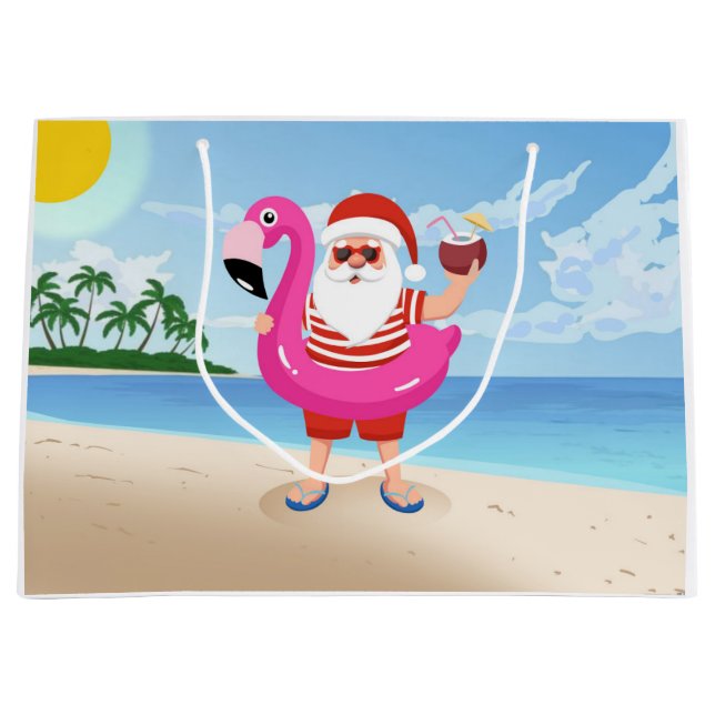 Santa Claus with flamingo inflatable ring Large Gift Bag (Front)