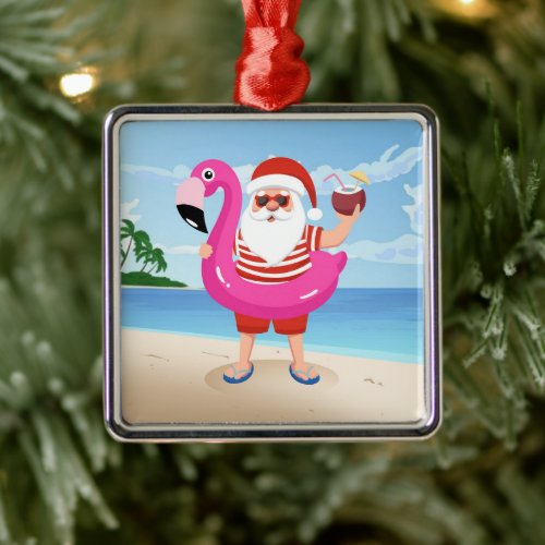 Santa Claus with flamingo inflatable ring Metal Ornament