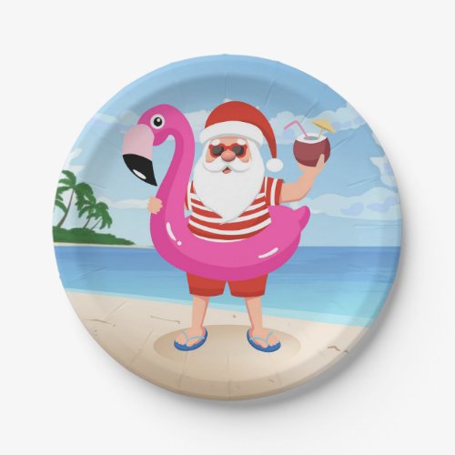 Santa Claus with flamingo inflatable ring Paper Plates