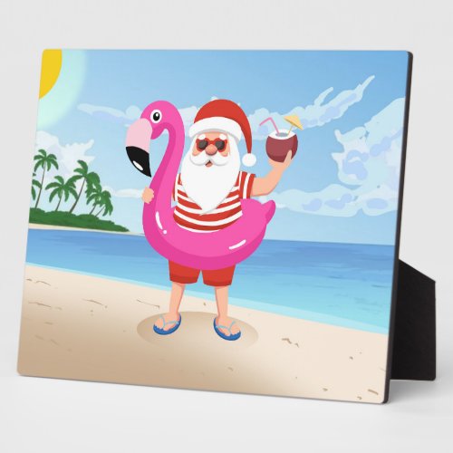 Santa Claus with flamingo inflatable ring Plaque