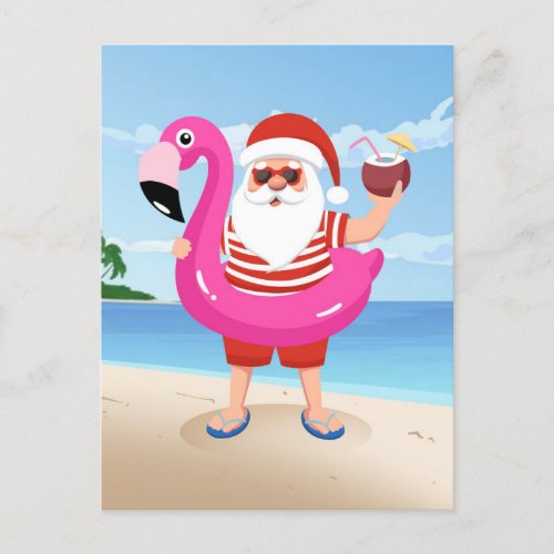 Santa Claus with flamingo inflatable ring Postcard
