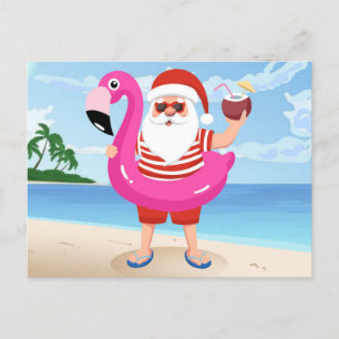 Santa Claus with flamingo inflatable ring Postcard