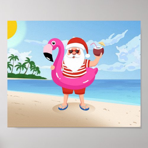Santa Claus with flamingo inflatable ring Poster