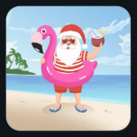 Santa Claus with flamingo inflatable ring Square Sticker<br><div class="desc">santa claus flamingo christmas, 
cheerful tropic lifestyle pink , 
man colorful sunglasses bird , 
drawing animal merry funny , 
swim party vacation ocean, 
sea cute inflatable tropical , 
beach happy cartoon summer, 
illustration holiday , 
christmas santa claus flamingo , </div>