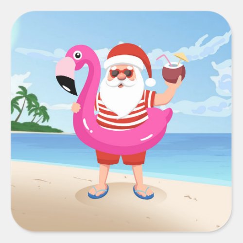 Santa Claus with flamingo inflatable ring Square Sticker
