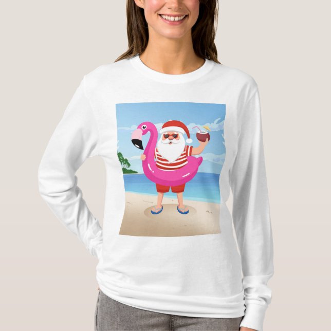 Santa Claus with flamingo inflatable ring T-Shirt (Front)