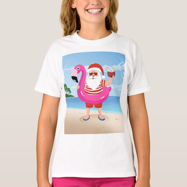 Santa Claus with flamingo inflatable ring T-Shirt (Front)