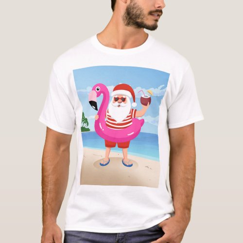 Santa Claus with flamingo inflatable ring T_Shirt