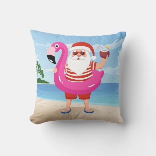 Santa Claus with flamingo inflatable ring Throw Pillow
