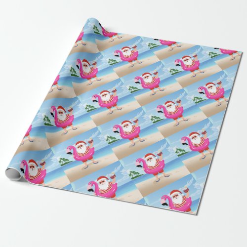 Santa Claus with flamingo inflatable ring Wrapping Paper