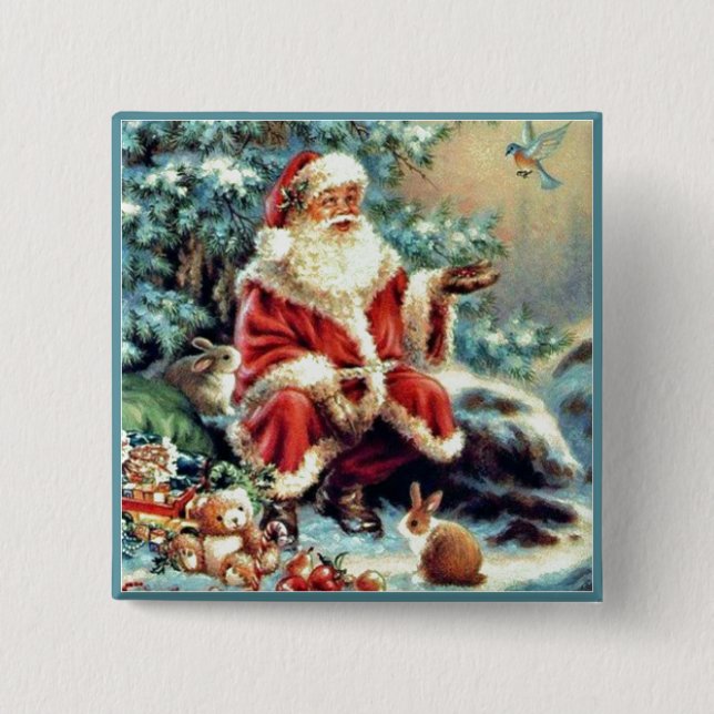 Santa Claus with Forest Animals Chirstmas Button (Front)