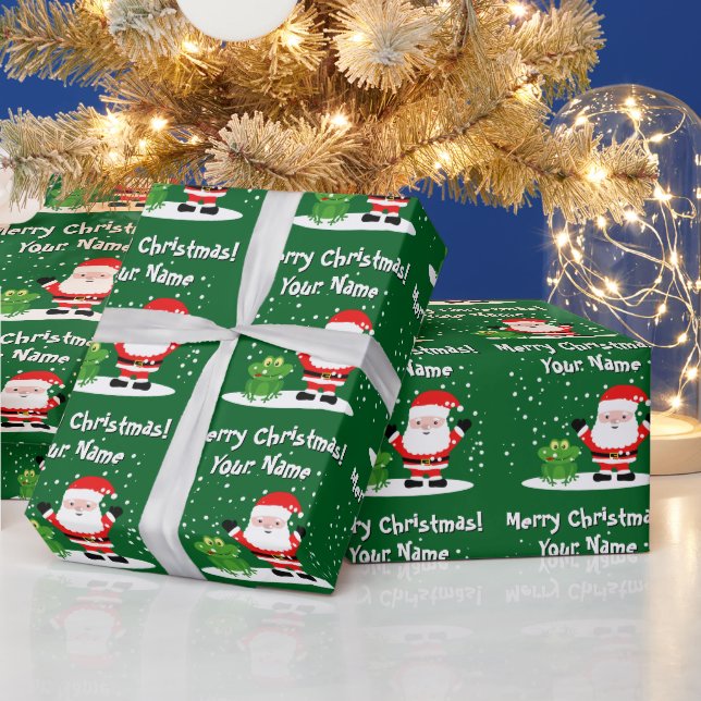 Santa Claus with frog cartoon fun kid's Christmas Wrapping Paper (Holidays)