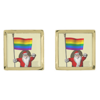 Santa Claus With Gay Pride Rainbow Flag Gold Cufflinks