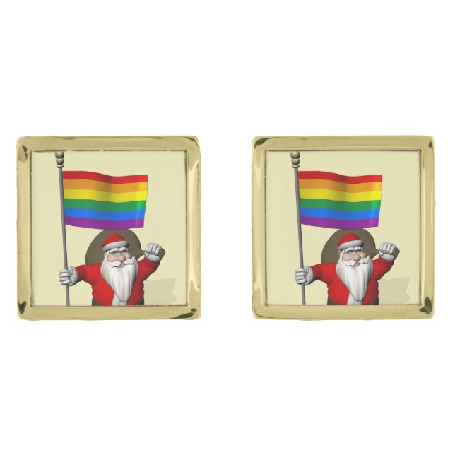 Santa Claus With Gay Pride Rainbow Flag Gold Cufflinks (Front)