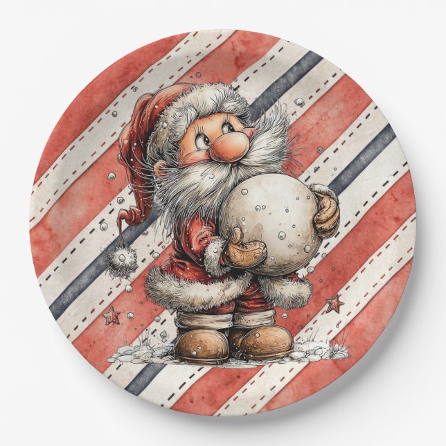 Santa Claus With Giant Snowball  Paper Plates (Front)