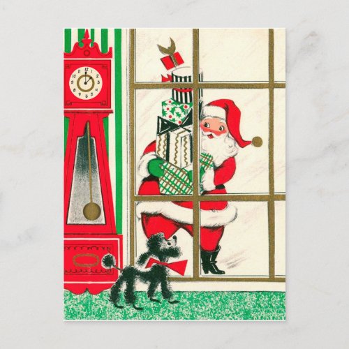 Santa Claus with gifts is looking at the window Postcard