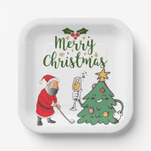 Santa Claus with golf ball Merry Christmas golfer Paper Plates