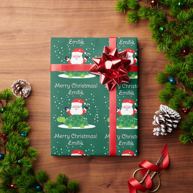 Santa Claus with green turtle cartoon Christmas Wrapping Paper (Holiday Gift)