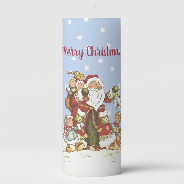 Santa Claus With Group of Kids Lantern Snowflakes Pillar Candle (Front)