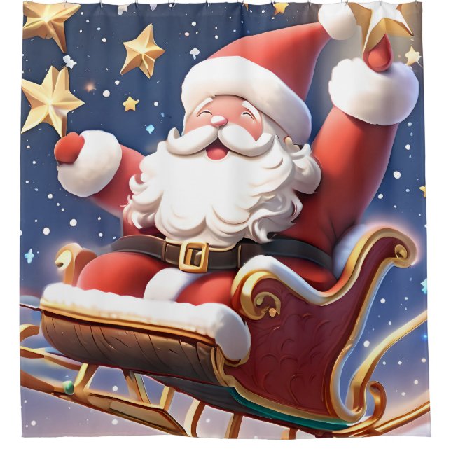 Santa Claus with his sleigh flying among the stars Shower Curtain (Front)