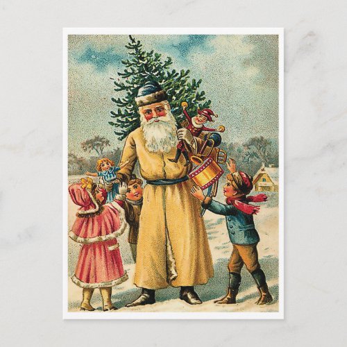 Santa Claus with kids and Christmas tree vintage Postcard
