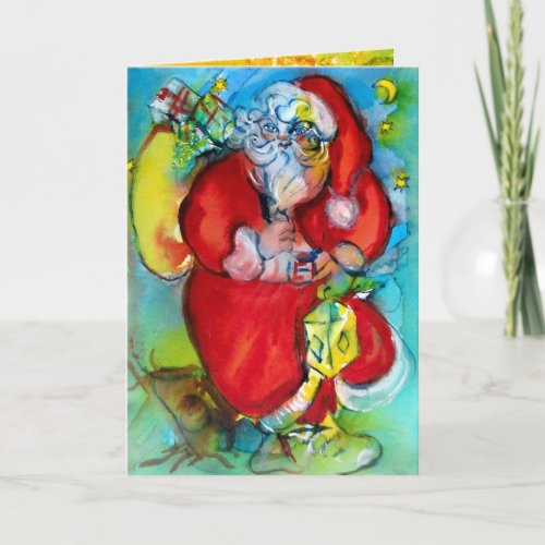SANTA CLAUS  WITH LANTERN IN THE CHRISTMAS NIGHT HOLIDAY CARD