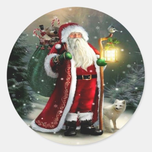 Santa Claus With Lantern Round Sticker