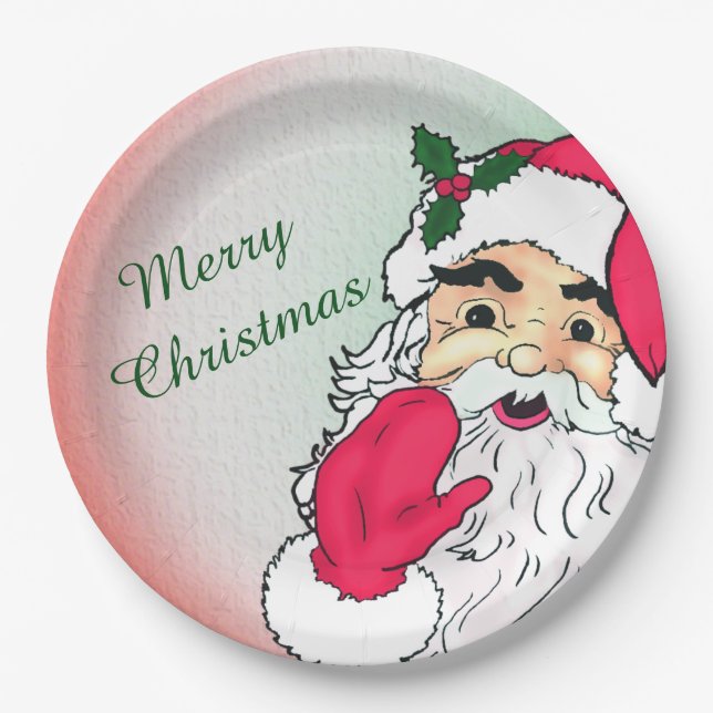 Santa Claus with merry christmas text Paper Plates (Front)