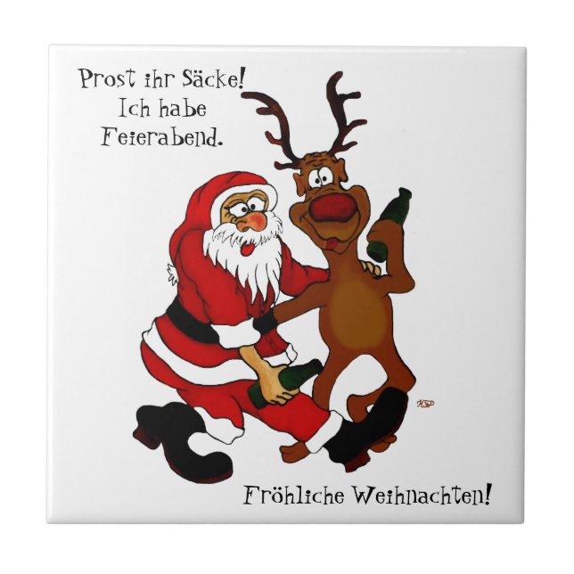 Santa Claus with moose - frohes Fest Ceramic Tile (Front)