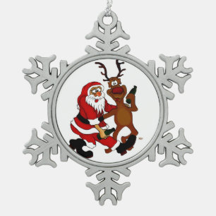 Santa Claus with moose - Prost it bags! Snowflake Pewter Christmas Ornament
