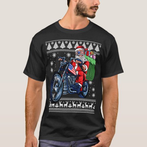 Santa Claus With Motorcycle Xmas ree Ugly Christma T_Shirt