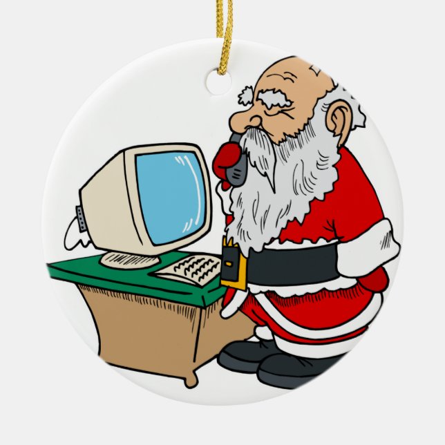 santa claus with phone and computer ceramic ornament (Front)