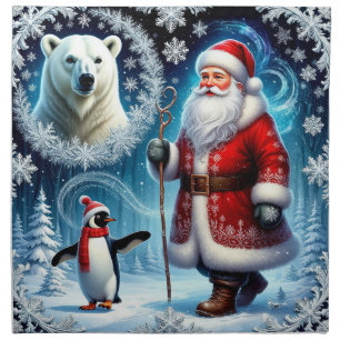Santa Claus With Polar Bear And Penguin Cloth Napkin