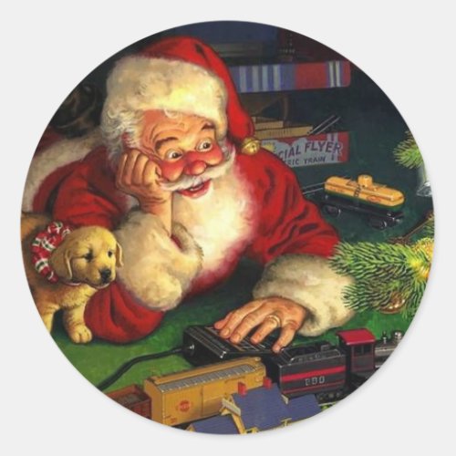 Santa Claus With Puppy Classic Round Sticker