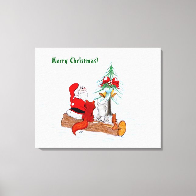 Santa Claus with Rabbit Fox and Squirrel Canvas Print (Front)