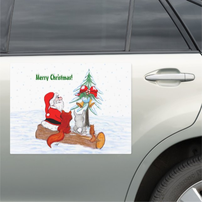 Santa Claus with Rabbit Fox and Squirrel Car Magnet (In Situ)