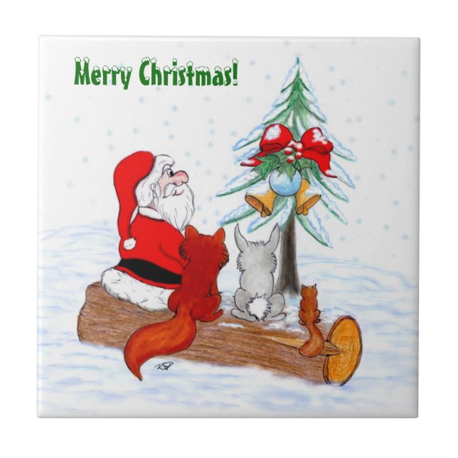 Santa Claus with Rabbit Fox and Squirrel Ceramic Tile (Front)