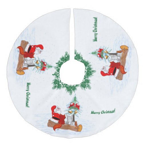 Santa Claus with Rabbit Fox and Squirrel Faux Linen Tree Skirt