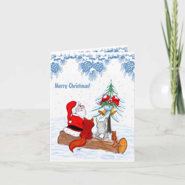 Santa Claus with Rabbit Fox and Squirrel Holiday Card (Front)