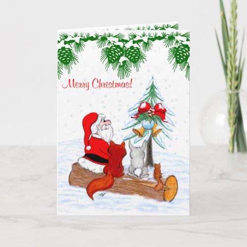 Santa Claus with Rabbit Fox and Squirrel Holiday Card