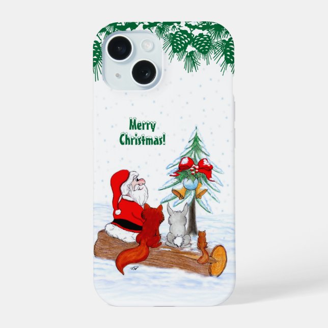 Santa Claus with Rabbit Fox and Squirrel iPhone 15 Case (Back)