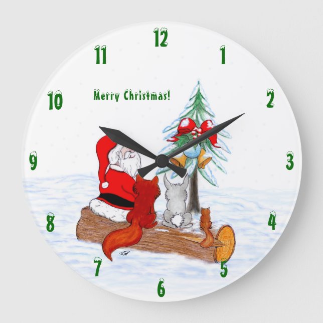 Santa Claus with Rabbit Fox and Squirrel Large Clock (Front)