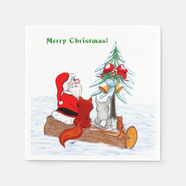 Santa Claus with Rabbit Fox and Squirrel Napkins (Front)