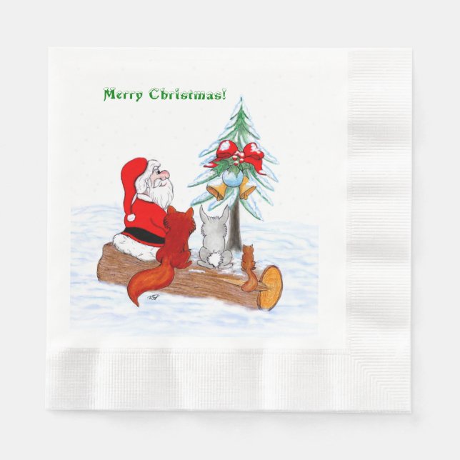 Santa Claus with Rabbit Fox and Squirrel Napkins (Front)