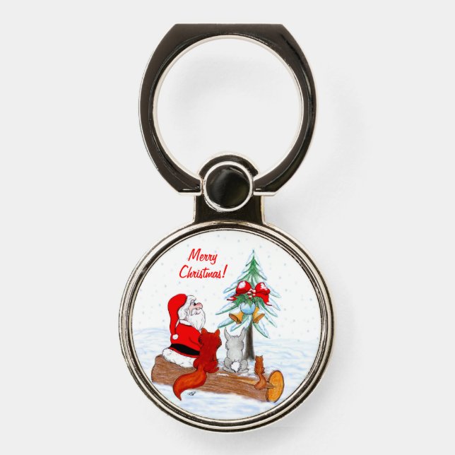 Santa Claus with Rabbit Fox and Squirrel Phone Ring Stand (Front)