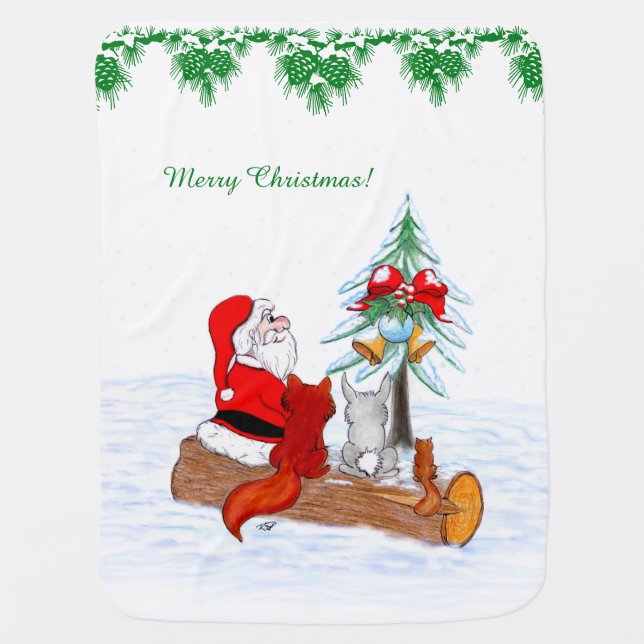 Santa Claus with Rabbit Fox and Squirrel Receiving Blanket (Front)